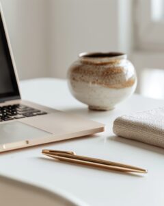 Laptop on a white desk with a speckled ceramic vase in the background, creating a calm workspace.